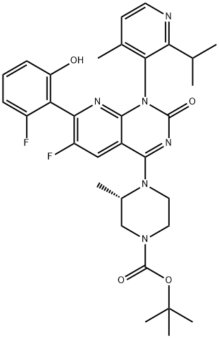 4-[(S)-4-Boc-2-methyl-1-piperazinyl]-6-fluoro-7-(2-fluoro-6-hydroxyphenyl)-1-(2-isopropyl-4-methyl-3-pyridyl)pyrido[2,3-d]pyrimidin-2(1H)-one 结构式