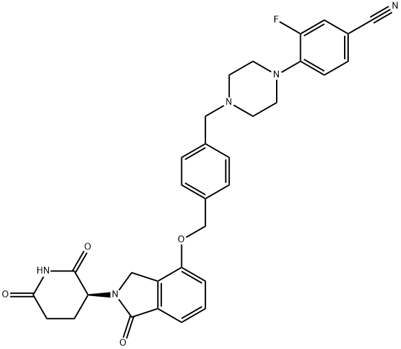 4-[4-({4-[({2-[(3S)-2,6-ジオキソピペリジン-3-イル]-1-オキソ-3H-イソインドール-4-イル}オキシ)メチル]フェニル}メチル)ピペラジン-1-イル]-3-フルオロベンゾニトリル 化学構造式