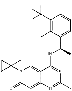 Pyrido[4,3-d]pyrimidin-7(6H)-one, 2-methyl-6-(1-methylcyclopropyl)-4-[[(1R)-1-[2-methyl-3-(trifluoromethyl)phenyl]ethyl]amino]- Struktur