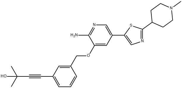 3-Butyn-2-ol, 4-[3-[[[2-amino-5-[2-(1-methyl-4-piperidinyl)-5-thiazolyl]-3-pyridinyl]oxy]methyl]phenyl]-2-methyl- 结构式