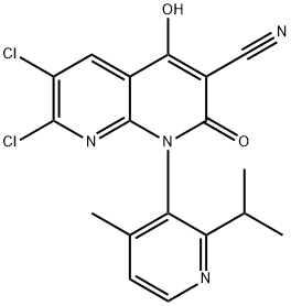 1,8-Naphthyridine-3-carbonitrile, 6,7-dichloro-1,2-dihydro-4-hydroxy-1-[4-methyl-2-(1-methylethyl)-3-pyridinyl]-2-oxo- Struktur