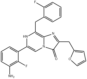 Imidazo[1,2-a]pyrazin-3(7H)-one, 6-(3-amino-2-fluorophenyl)-8-[(2-fluorophenyl)methyl]-2-(2-furanylmethyl)- Structure