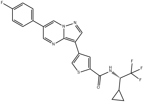 2-Thiophenecarboxamide, N-[(1S)-1-cyclopropyl-2,2,2-trifluoroethyl]-4-[6-(4-fluorophenyl)pyrazolo[1,5-a]pyrimidin-3-yl]- Struktur