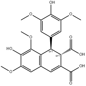 rac-(1α*,2β*)-1,2-ジヒドロ-7-ヒドロキシ-1-(4-ヒドロキシ-3,5-ジメトキシフェニル)-6,8-ジメトキシ-2,3-ナフタレンジカルボン酸 化学構造式
