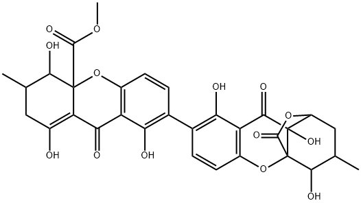 1,4,8-Trihydroxy-2,3,4,9-tetrahydro-3-methyl-7-[4,8,9a-trihydroxy-1,2,3,4,9,9a-hexahydro-3-methyl-9,11-dioxo-1,4a-(epoxymethano)-4aH-xanthen-7-yl]-9-oxo-4aH-xanthene-4a-carboxylic acid methyl ester Structure