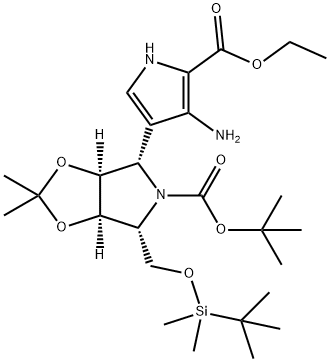 5H-1,3-Dioxolo4,5-cpyrrole-5-carboxylic acid, 4-4-amino-5-(ethoxycarbonyl)-1H-pyrrol-3-yl-6-(1,1-dimethylethyl)dimethylsilyloxymethyltetrahydro-2,2-dimethyl-, 1,1-dimethylethyl ester, (3aS,4S,6R,6aR)- Struktur