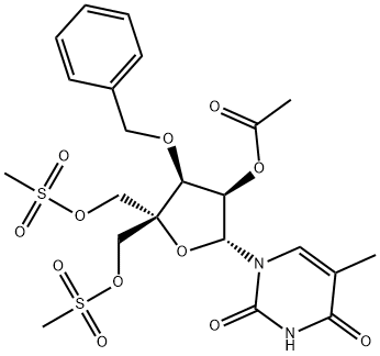 1-(2-O-acetyl-3-O-benzyl-4-C-methanesulfonoxymethyl-5-O-methanesulfonyl-β-D-ribofuranosyl)thymine Struktur