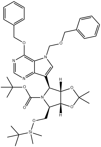 5H-1,3-Dioxolo4,5-cpyrrole-5-carboxylic acid, 4-(1,1-dimethylethyl)dimethylsilyloxymethyltetrahydro-2,2-dimethyl-6-4-(phenylmethoxy)-5-(phenylmethoxy)methyl-5H-pyrrolo3,2-dpyrimidin-7-yl-, 1,1-dimethylethyl ester, (3aR,4R,6S,6aS)- Structure