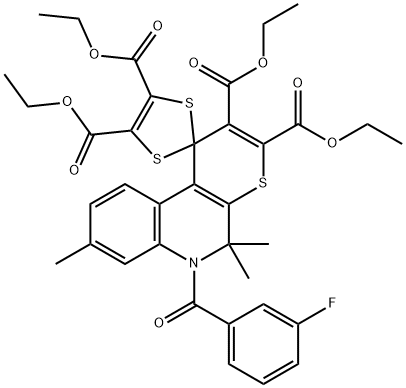 2,3,4',5'-tetrakis(ethoxycarbonyl)-6-(3-fluorobenzoyl)-5,5,8-trimethyl-5,6-dihydrospiro(1H-thiopyrano[2,3-c]quinoline-1,2'-[1',3']-dithiole) Struktur