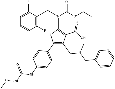 4-(N-苄基-N-甲基氨基甲基)-2-[N-(2,6-二氟苄基)-N-乙氧基羰基氨基]-5-[4-(3-甲氧基脲基)苯基]噻吩-3-羧酸 结构式