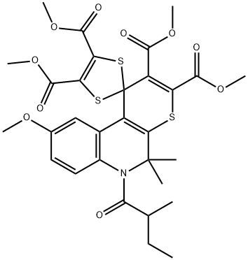tetramethyl 9'-methoxy-5',5'-dimethyl-6'-(2-methylbutanoyl)spiro[1,3-dithiole-2,1'-thiopyrano[2,3-c]quinoline]-2',3',4,5-tetracarboxylate Structure