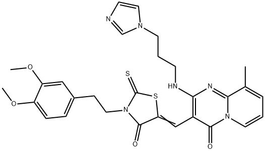 (5Z)-3-[2-(3,4-dimethoxyphenyl)ethyl]-5-[[2-(3-imidazol-1-ylpropylamino)-9-methyl-4-oxopyrido[1,2-a]pyrimidin-3-yl]methylidene]-2-sulfanylidene-1,3-thiazolidin-4-one Structure