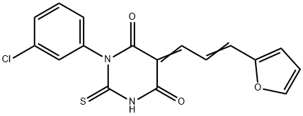 (5E)-1-(3-chlorophenyl)-5-[(E)-3-(furan-2-yl)prop-2-enylidene]-2-sulfanylidene-1,3-diazinane-4,6-dione Struktur