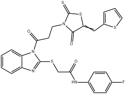 N-(4-fluorophenyl)-2-[1-[3-[(5E)-4-oxo-2-sulfanylidene-5-(thiophen-2-ylmethylidene)-1,3-thiazolidin-3-yl]propanoyl]benzimidazol-2-yl]sulfanylacetamide Struktur