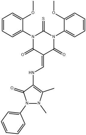 5-[[(1,5-dimethyl-3-oxo-2-phenylpyrazol-4-yl)amino]methylidene]-1,3-bis(2-methoxyphenyl)-2-sulfanylidene-1,3-diazinane-4,6-dione Structure