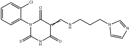 (5E)-1-(2-chlorophenyl)-5-[(3-imidazol-1-ylpropylamino)methylidene]-2-sulfanylidene-1,3-diazinane-4,6-dione Struktur