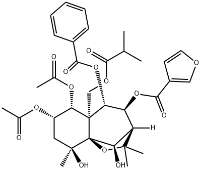 3-Furancarboxylic acid, (3S,4S,5S,5aS,6R,7S,9S,9aS,10R)-6,7-bis(acetyloxy)-5-(benzoyloxy)octahydro-9,10-dihydroxy-2,2,9-trimethyl-5a-[(2-methyl-1-oxopropoxy)methyl]-2H-3,9a-methano-1-benzoxepin-4-yl ester, 403505-80-6, 结构式