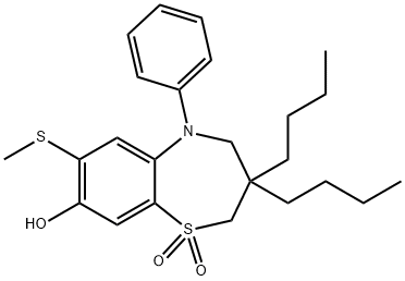 1,5-Benzothiazepin-8-ol, 3,3-dibutyl-2,3,4,5-tetrahydro-7-(methylthio)-5-phenyl-, 1,1-dioxide Struktur
