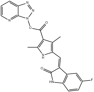 1H-Pyrrole-3-carboxylic acid, 5-[(Z)-(5-fluoro-1,2-dihydro-2-oxo-3H-indol-3-ylidene)methyl]-2,4-dimethyl-, 3H-1,2,3-triazolo[4,5-b]pyridin-3-yl ester Structure