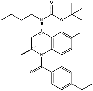 Carbamic acid, butyl[(2R,4S)-1-(4-ethylbenzoyl)-6-fluoro-1,2,3,4-tetrahydro-2-methyl-4-quinolinyl]-, 1,1-dimethylethyl ester, rel- (9CI) Struktur