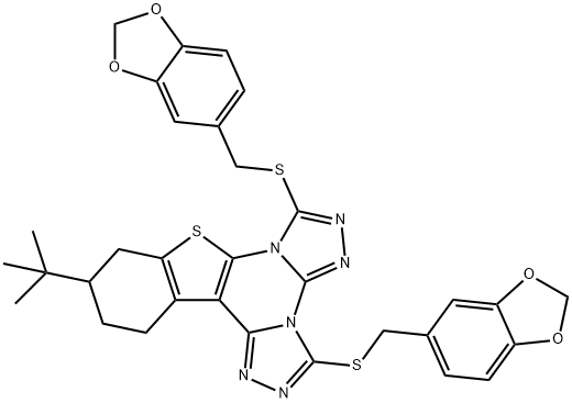 3,7-bis((benzo[d][1,3]dioxol-5-ylmethyl)thio)-11-(tert-butyl)-10,11,12,13-tetrahydrobenzo[4,5]thieno[3,2-e]bis([1,2,4]triazolo)[4,3-a:4',3'-c]pyrimidine,488733-32-0,结构式