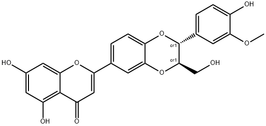 rel-2-[(2R*,3R*)-2,3-ジヒドロ-3-(4-ヒドロキシ-3-メトキシフェニル)-2-ヒドロキシメチル-1,4-ベンゾジオキシン-6-イル]-5,7-ジヒドロキシ-4H-1-ベンゾピラン-4-オン 化学構造式