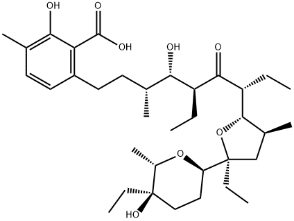 Benzoic acid, 6-[(3R,4S,5S,7R)-5-ethyl-7-[(2S,3S,5S)-5-ethyl-5-[(2R,5R,6S)-5-ethyltetrahydro-5-hydroxy-6-methyl-2H-pyran-2-yl]tetrahydro-3-methyl-2-furanyl]-4-hydroxy-3-methyl-6-oxononyl]-2-hydroxy-3-methyl- 结构式