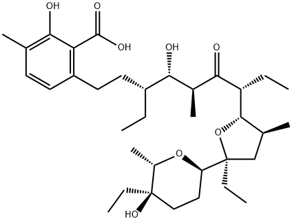 Benzoic acid, 6-[(3R,4S,5S,7R)-3-ethyl-7-[(2S,3S,5S)-5-ethyl-5-[(2R,5R,6S)-5-ethyltetrahydro-5-hydroxy-6-methyl-2H-pyran-2-yl]tetrahydro-3-methyl-2-furanyl]-4-hydroxy-5-methyl-6-oxononyl]-2-hydroxy-3-methyl- Struktur