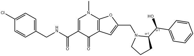 Furo[2,3-b]pyridine-5-carboxamide,  N-[(4-chlorophenyl)methyl]-4,7-dihydro-2-[[(2R)-2-[(S)-hydroxyphenylmethyl]-1-pyrrolidinyl]methyl]-7-methyl-4-oxo-,  rel- 结构式