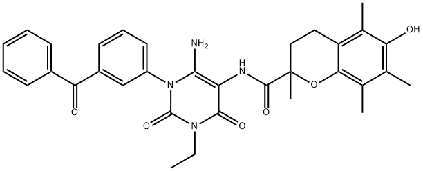 2H-1-Benzopyran-2-carboxamide,  N-[6-amino-1-(3-benzoylphenyl)-3-ethyl-1,2,3,4-tetrahydro-2,4-dioxo-5-pyrimidinyl]-3,4-dihydro-6-hydroxy-2,5,7,8- Structure
