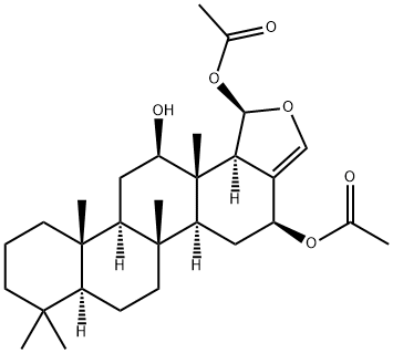 5'α,16β-ジアセトキシ-5',17aα-ジヒドロ-4,4,8-トリメチル-D-ホモ-5α-アンドロスタノ[17,17a-c]フラン-12β-オール 化学構造式