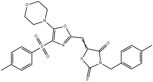 (5Z)-3-[(4-methylphenyl)methyl]-5-[[4-(4-methylphenyl)sulfonyl-5-morpholin-4-yl-1,3-oxazol-2-yl]methylidene]-2-sulfanylidene-1,3-thiazolidin-4-one Structure