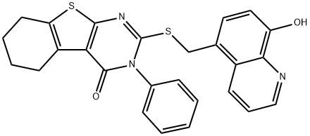 2-[(8-hydroxyquinolin-5-yl)methylsulfanyl]-3-phenyl-5,6,7,8-tetrahydro-[1]benzothiolo[2,3-d]pyrimidin-4-one Struktur