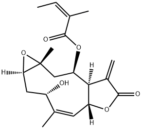 (Z)-2-メチル-2-ブテン酸[(1aR,3S,4Z,5aR,8aR,9R,10aR)-1a,2,3,5a,7,8,8a,9,10,10a-デカヒドロ-3-ヒドロキシ-4,10a-ジメチル-8-メチレン-7-オキソオキシレノ[5,6]シクロデカ[1,2-b]フラン-9-イル] 化学構造式