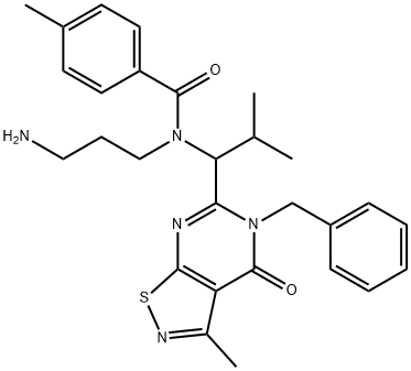Benzamide, N-(3-aminopropyl)-N-[1-[4,5-dihydro-3-methyl-4-oxo-5-(phenylmethyl)isothiazolo[5,4-d]pyrimidin-6-yl]-2-methylpropyl]-4-methyl- Struktur