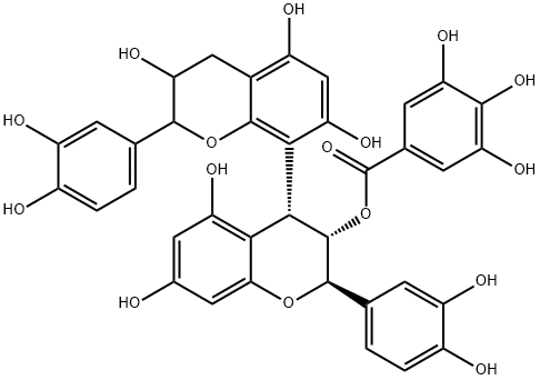 Benzoic acid, 3,4,5-trihydroxy-, (2R,2'R,3R,3'S,4R)-2,2'-bis(3,4-dihydroxyphenyl)-3,3',4,4'-tetrahydro-3',5,5',7,7'-pentahydroxy[4,8'-bi-2H-1-benzopyran]-3-yl ester,79907-45-2,结构式