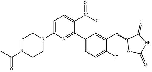5-(5-(6-(4-乙酰基哌嗪-1-基)-3-硝基吡啶-2-基)-2-氟亚苄基)噻唑烷-2,4-二酮,853953-65-8,结构式