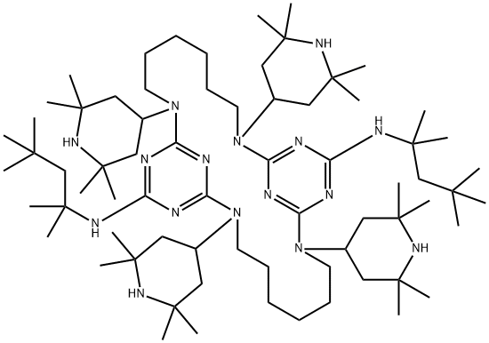 2,9,11,13,15,22,24,26,27,28-Decaazatricyclo21.3.1.110,14octacosa-1(27),10,12,14(28),23,25-hexaene-12,25-diamine, N,N-bis(1,1,3,3-tetramethylbutyl)-2,9,15,22-tetrakis(2,2,6,6-tetramethyl-4-piperidinyl)- Structure