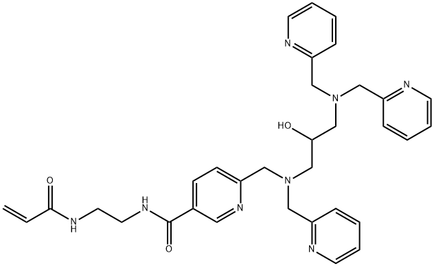 3-Pyridinecarboxamide, 6-[[[3-[bis(2-pyridinylmethyl)amino]-2-hydroxypropyl](2-pyridinylmethyl)amino]methyl]-N-[2-[(1-oxo-2-propen-1-yl)amino]ethyl]- Struktur