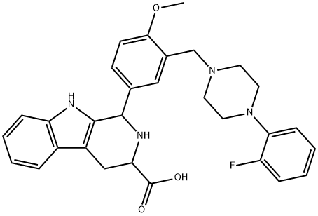 1-(3-{[4-(2-フルオロフェニル)ピペラジン-1-イル]メチル}-4-メトキシフェニル)-1H,2H,3H,4H,9H-ピリド[3,4-b]インドール-3-カルボン酸 化学構造式