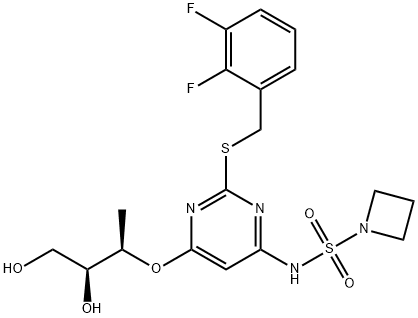 N-[2-(2,3-ジフルオロベンジルチオ)-6-[(2R,3S)-3,4-ジヒドロキシブタン-2-イルオキシ]ピリミジン-4-イル]アゼチジン-1-スルホンアミド 化学構造式