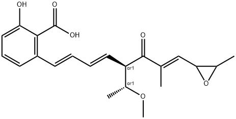 Benzoic acid, 2-hydroxy-6-[(1E,3E,5R,7E)-5-[(1R)-1-methoxyethyl]-7-methyl-8-(3-methyl-2-oxiranyl)-6-oxo-1,3,7-octatrien-1-yl]-, rel- Struktur