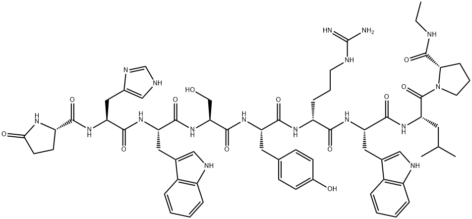 LHRH, Arg(6)-Trp(7)-Leu(8)-N-Et-ProNH2(9)- 结构式
