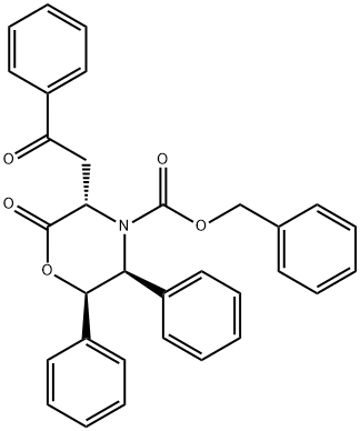 4-Morpholinecarboxylic acid, 2-oxo-3-(2-oxo-2-phenylethyl)-5,6-diphenyl-, phenylmethyl ester, (3S,5S,6R)- Structure