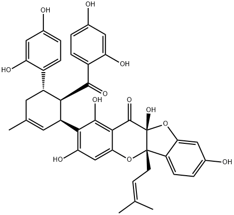 11H-Benzofuro[3,2-b][1]benzopyran-11-one, 2-[(1S,5S,6R)-6-(2,4-dihydroxybenzoyl)-5-(2,4-dihydroxyphenyl)-3-methyl-2-cyclohexen-1-yl]-5a,10a-dihydro-1,3,8,10a-tetrahydroxy-5a-(3-methyl-2-buten-1-yl)-, (5aS,10aR)- Structure