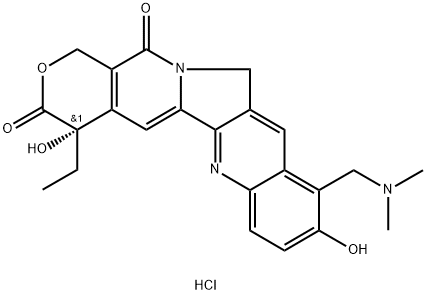 1H-Pyrano[3',4':6,7]indolizino[1,2-b]quinoline-3,14(4H,12H)-dione, 10-[(dimethylamino)methyl]-4-ethyl-4,9-dihydroxy-, hydrochloride (1:), (4S)- 结构式