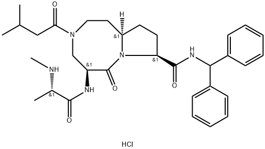 (3S,8S)-N-ベンズヒドリル-2-オキソ-3β-[[(S)-2-(メチルアミノ)-1-オキソプロピル]アミノ]-5-(3-メチルブチリル)-1,5-ジアザビシクロ[6.3.0]ウンデカン-11β-カルボアミド 化学構造式