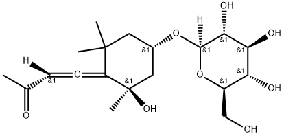 (2R)-3-[(2R,4S)-2α-ヒドロキシ-4β-(β-D-グルコピラノシルオキシ)-6,6-ジメチルシクロヘキサン-1-イリデン]プロペナール 化学構造式