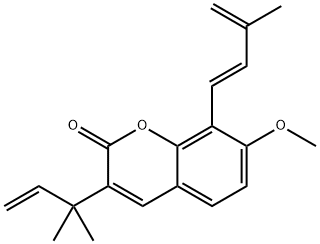 2H-1-Benzopyran-2-one, 3-(1,1-dimethyl-2-propen-1-yl)-7-methoxy-8-[(1E)-3-methyl-1,3-butadien-1-yl]- Struktur
