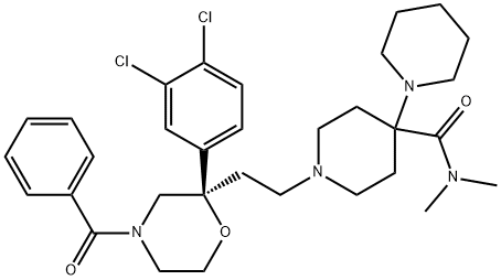 N-メチル-1′-[2-[(2R)-2α-(3,4-ジクロロフェニル)-4-ベンゾイルモルホリン-2-イル]エチル]-1,4′-ビピペリジン-4′-カルボアミド 化学構造式